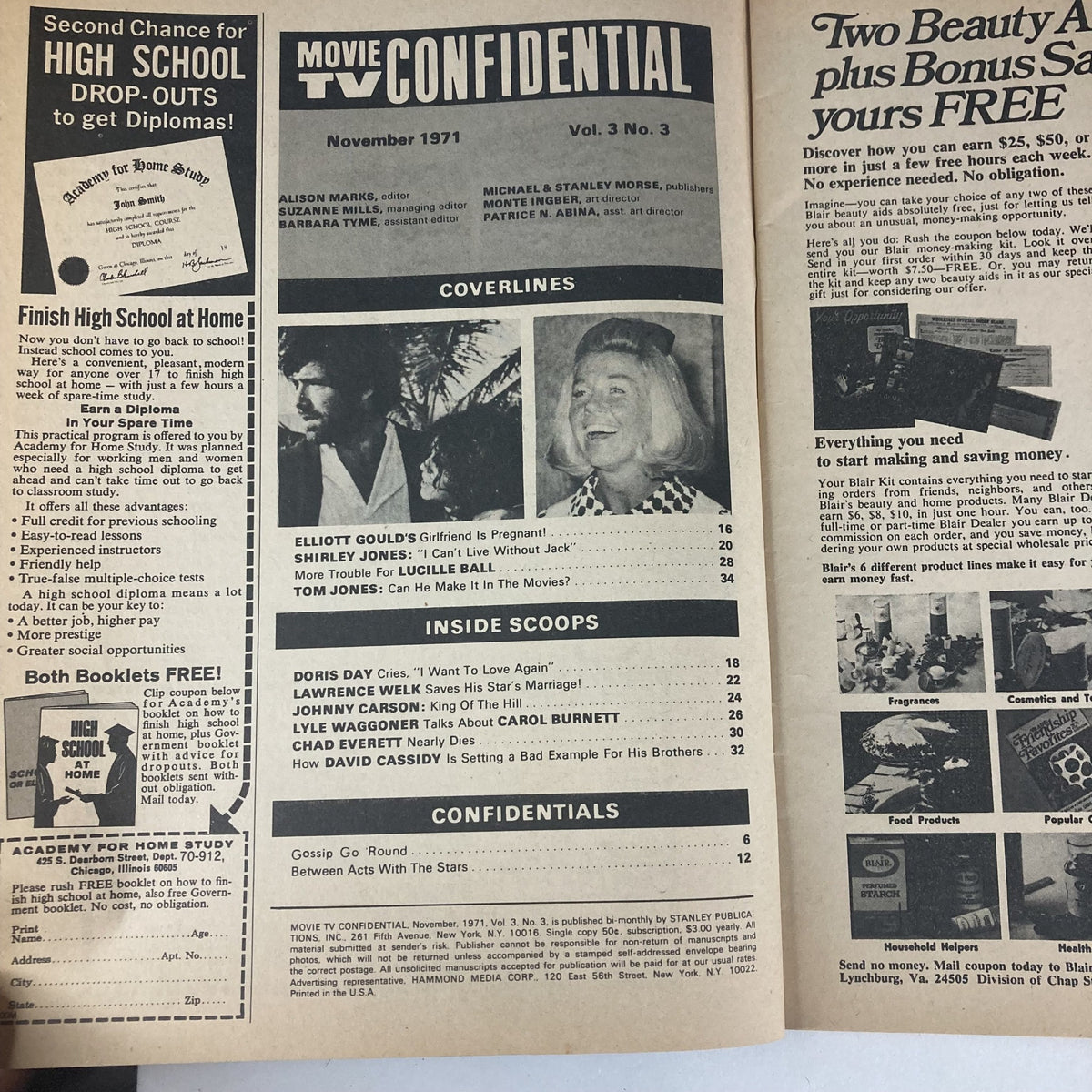 Inside pages of VTG Movie TV Confidential Magazine November 1971 Vol 3 #3 showcasing the contents and articles including topics about Shirley Jones and Hollywood scoop.