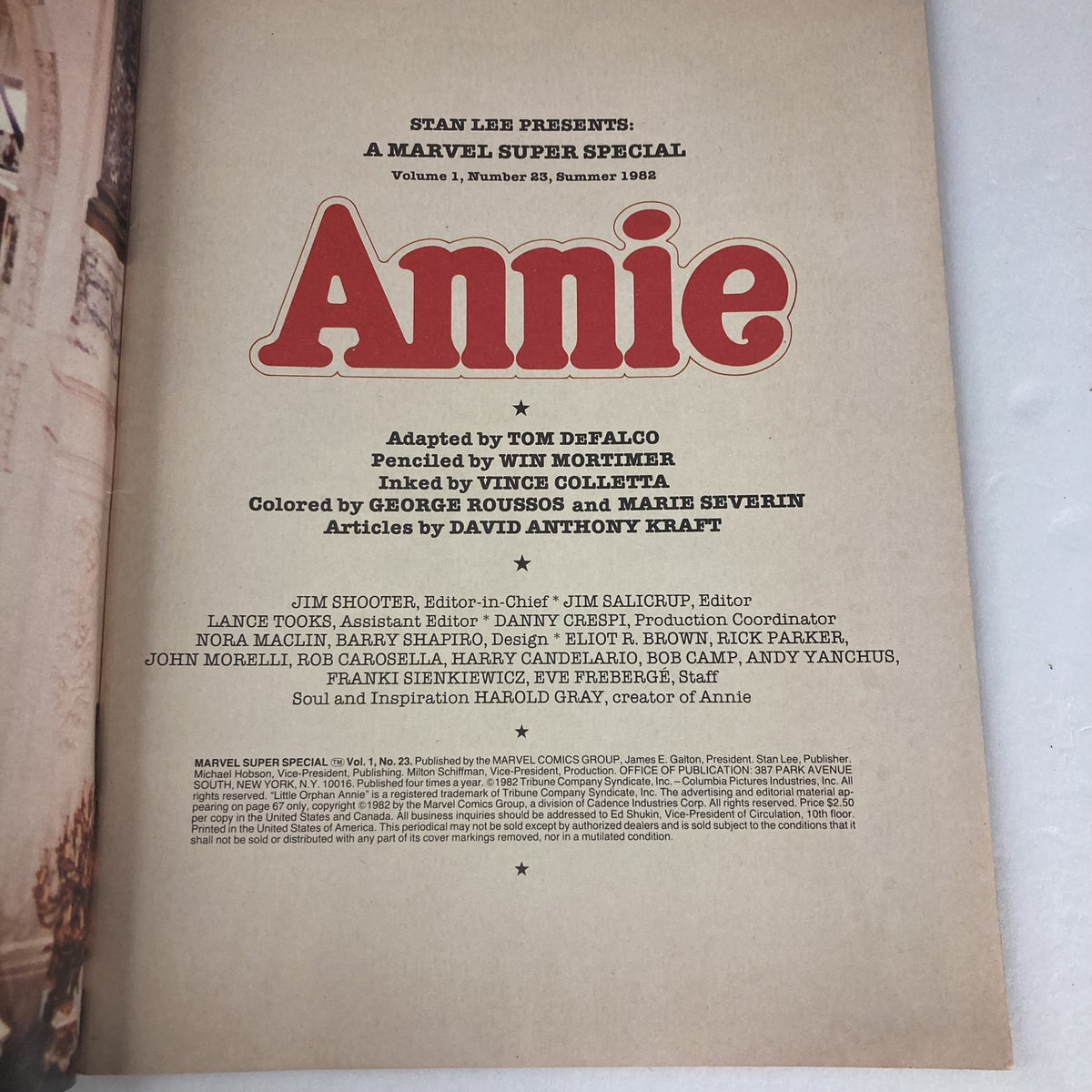 Inside page of the VTG Marvel Superstar Special Magazine Summer 1982 Vol 1 No. 23 displaying credits and contributions from various artists and writers, highlighting the magazine's rich history.