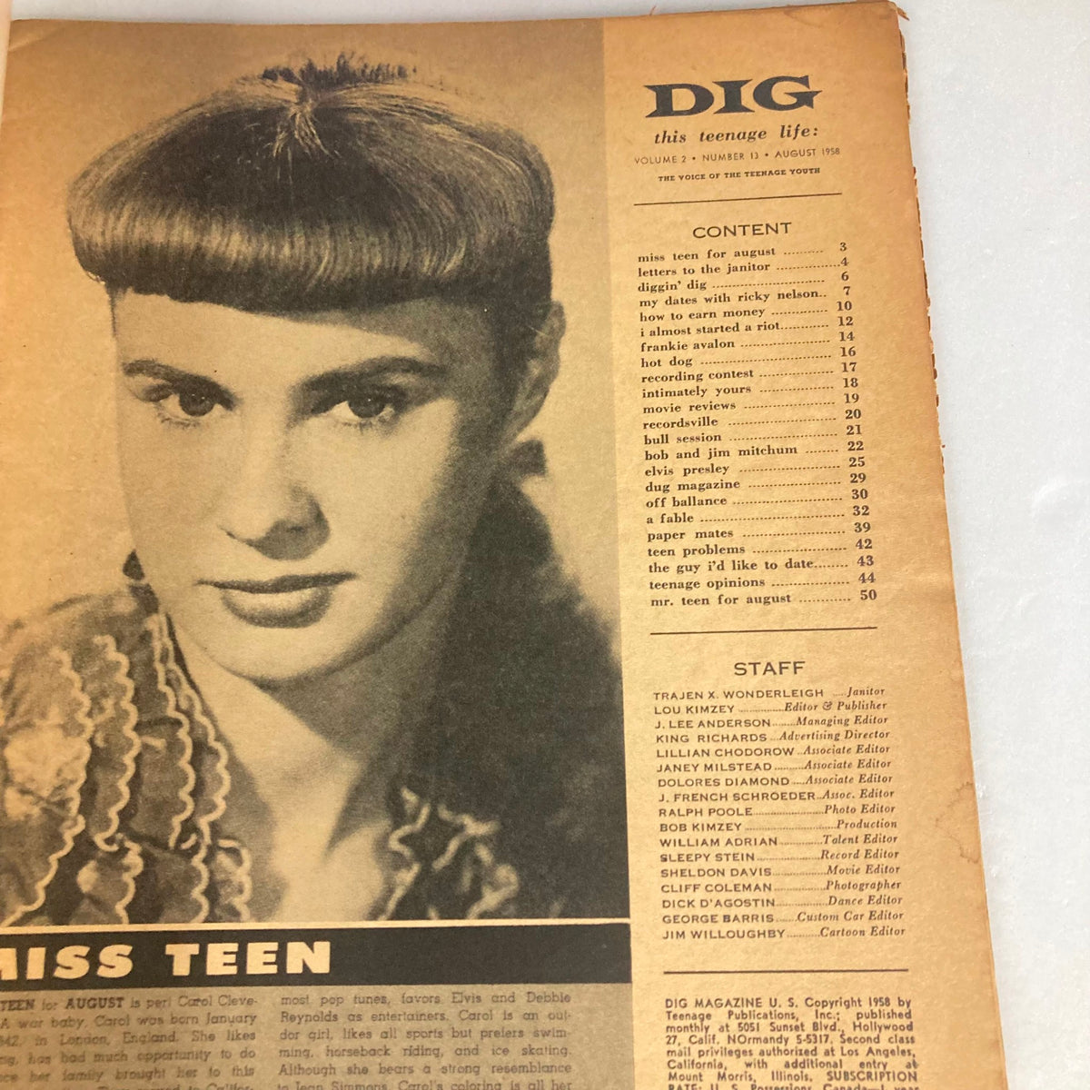 Interior page of VTG Dig Magazine August 1958 Vol 2 No. 13 showcasing 'Miss Teen' feature with a black and white photograph.