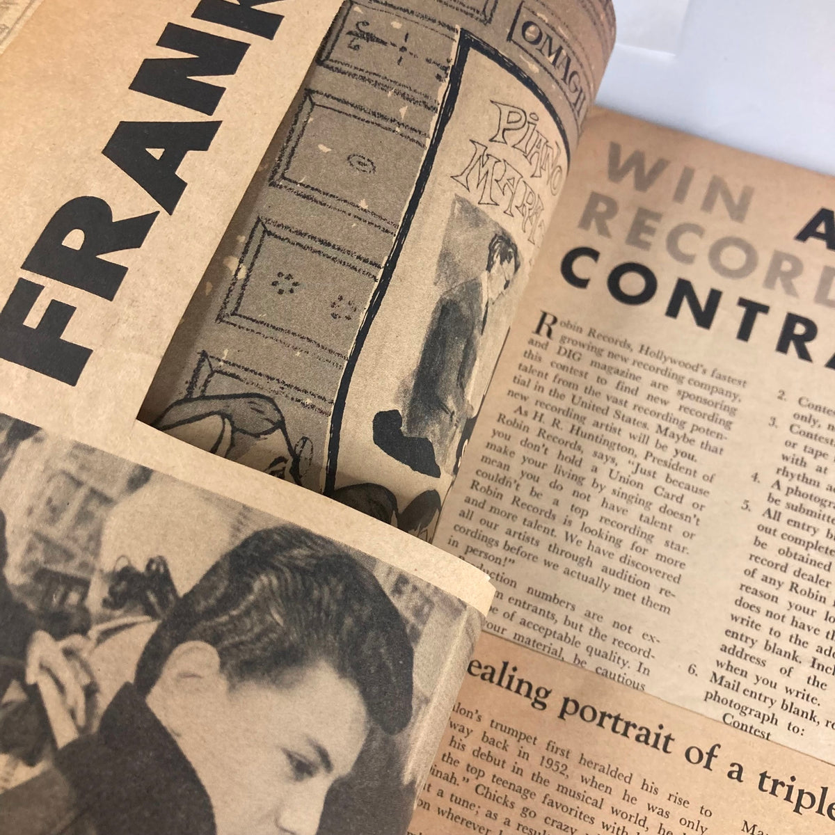 Inside pages of VTG Dig Magazine August 1958 Vol 2 No. 13 focusing on Frankie Avalon and recording opportunities for teens, with vintage styled layout.