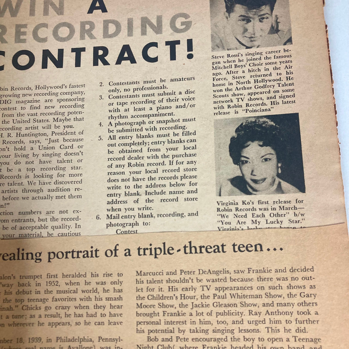 Vintage magazine advertisement from VTG Dig Magazine August 1958 Vol 2 No. 13 Bob & Jim Mitchum promoting a recording contract contest, showcasing notable artists and details about the entry requirements.