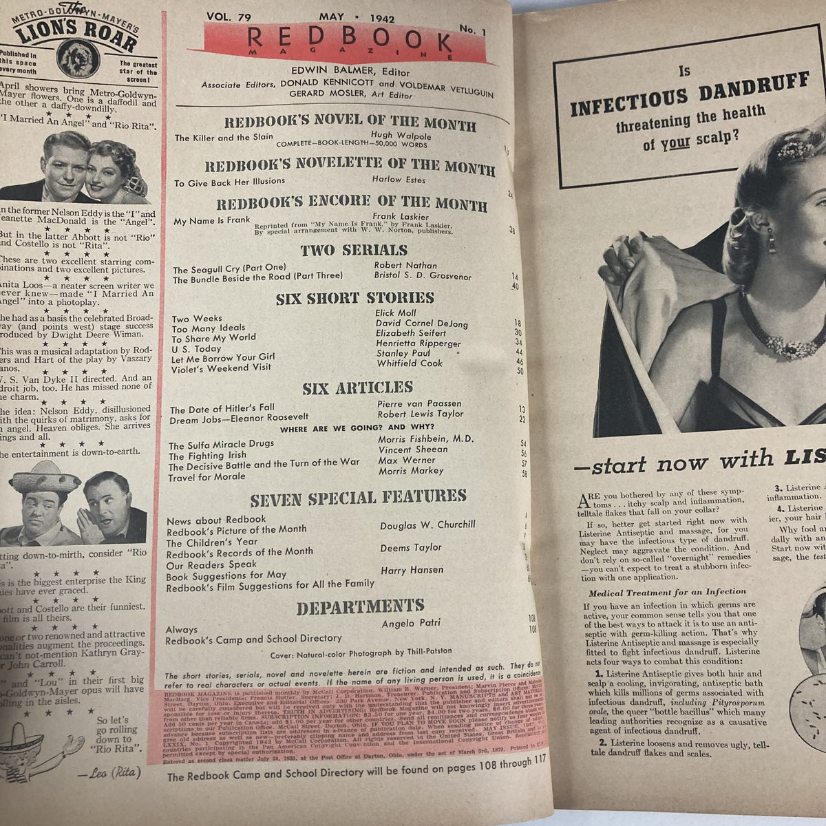 Interior page of VTG Redbook Magazine May 1943 Vol 79 No. 1 featuring articles, including Eleanor Roosevelt's 'Dream Jobs' and vintage advertisements, illustrating the historical context and design of the period.