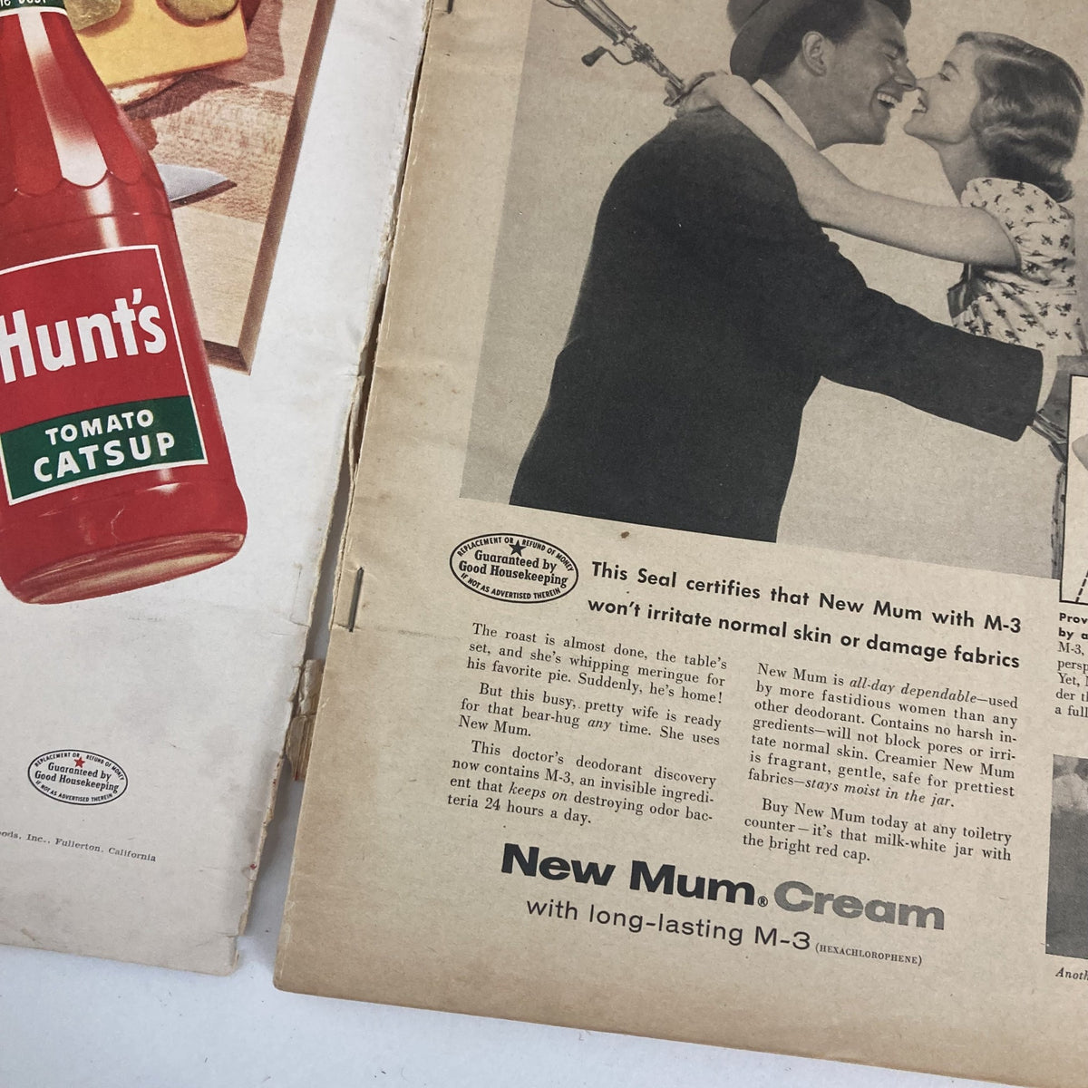 Inside pages of the VTG Redbook Magazine November 1955 showing vintage advertisements, including Hunt's Tomato Catsup and New Mum Cream, reflecting mid-20th century consumer culture.