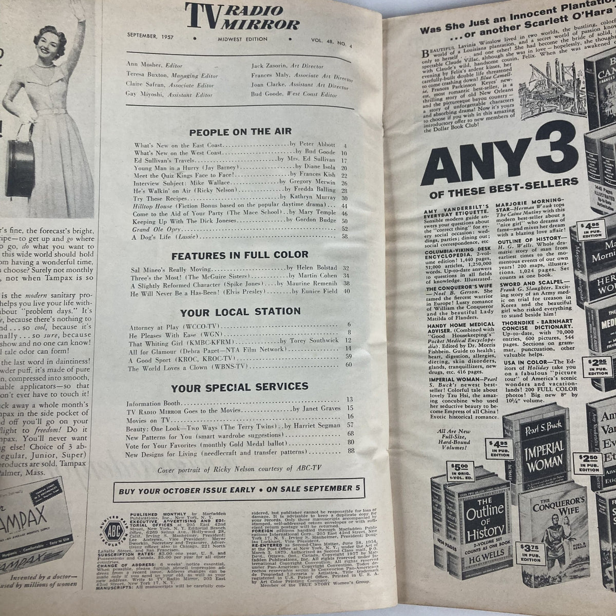 September 1957 issue of VTG TV Radio Mirror Magazine, Volume 48 No. 4, featuring articles, advertisements, and the iconic entertainment scene of the 1950s.