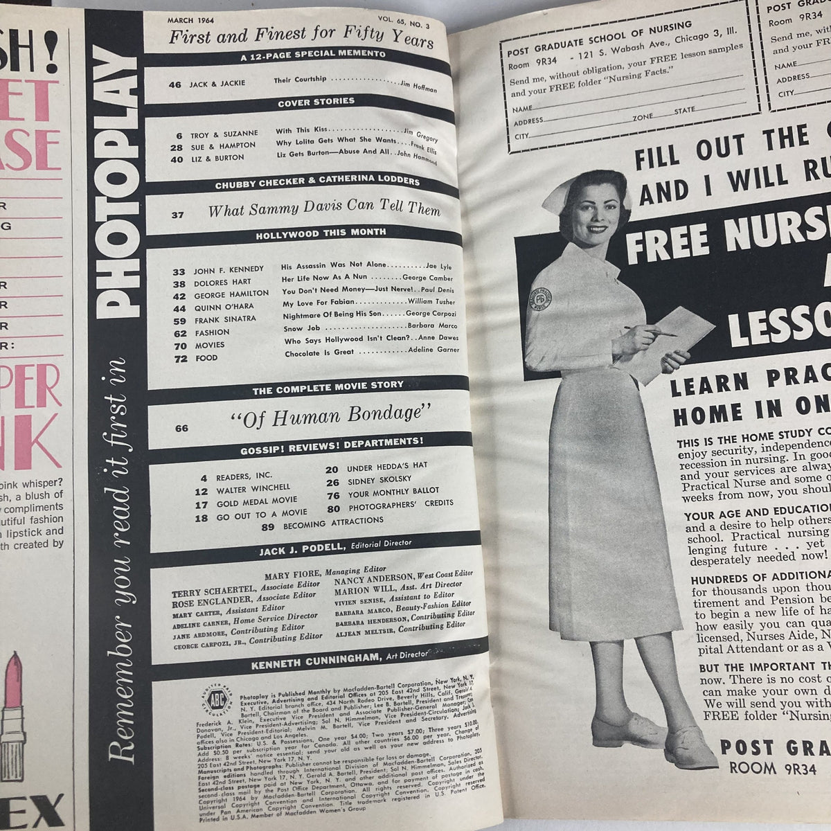 Inside spread of the VTG Photoplay Magazine, March 1964, Vol 65 No. 3, featuring articles and highlights including Jack & Jackie, and various celebrity features. A glimpse into 1960s Hollywood culture.
