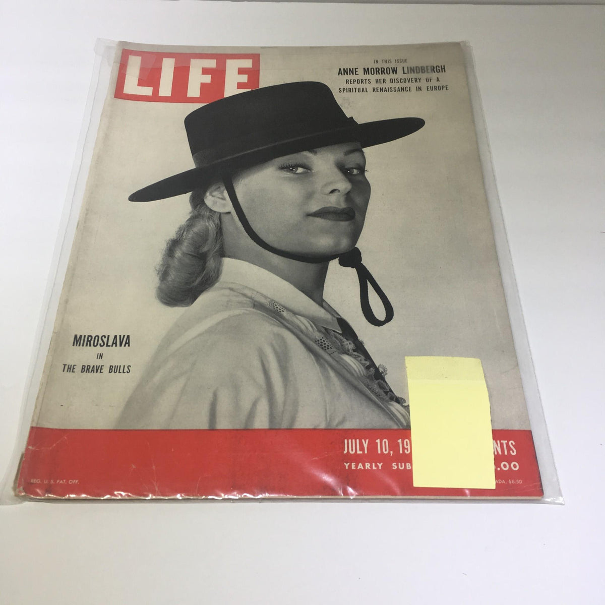 VTG Life Magazine cover from July 10, 1950, featuring Anne Morrow Lindbergh and a story titled 'The Brave Bulls', showcasing a woman in a black hat with a vintage design.