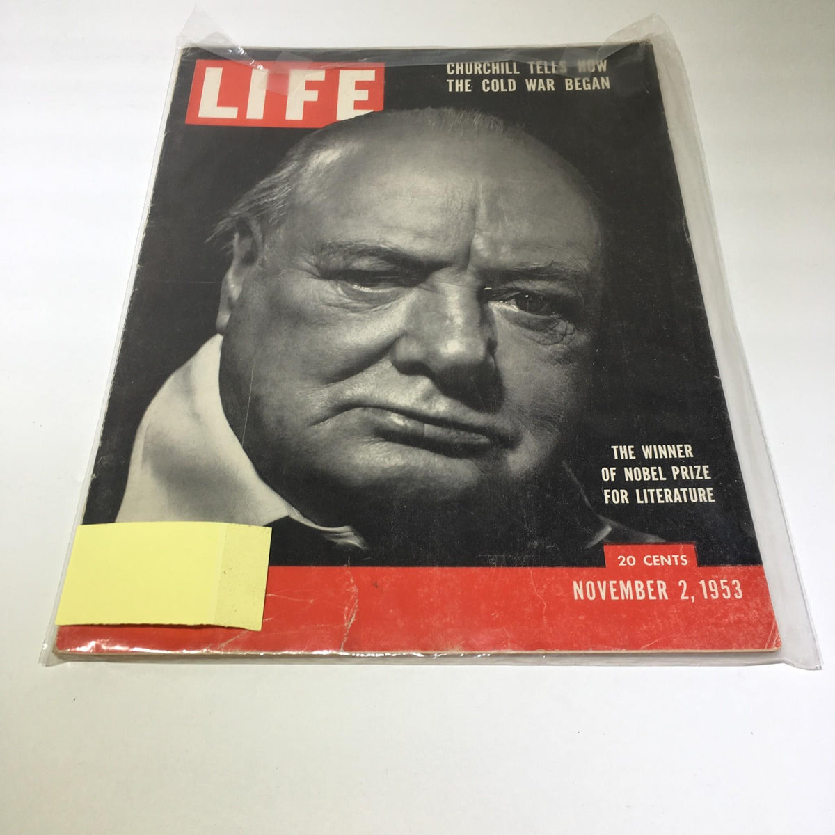 Cover of VTG Life Magazine from November 2, 1953, featuring Winston Churchill, who won the Nobel Prize in Literature, showcasing a historic moment.