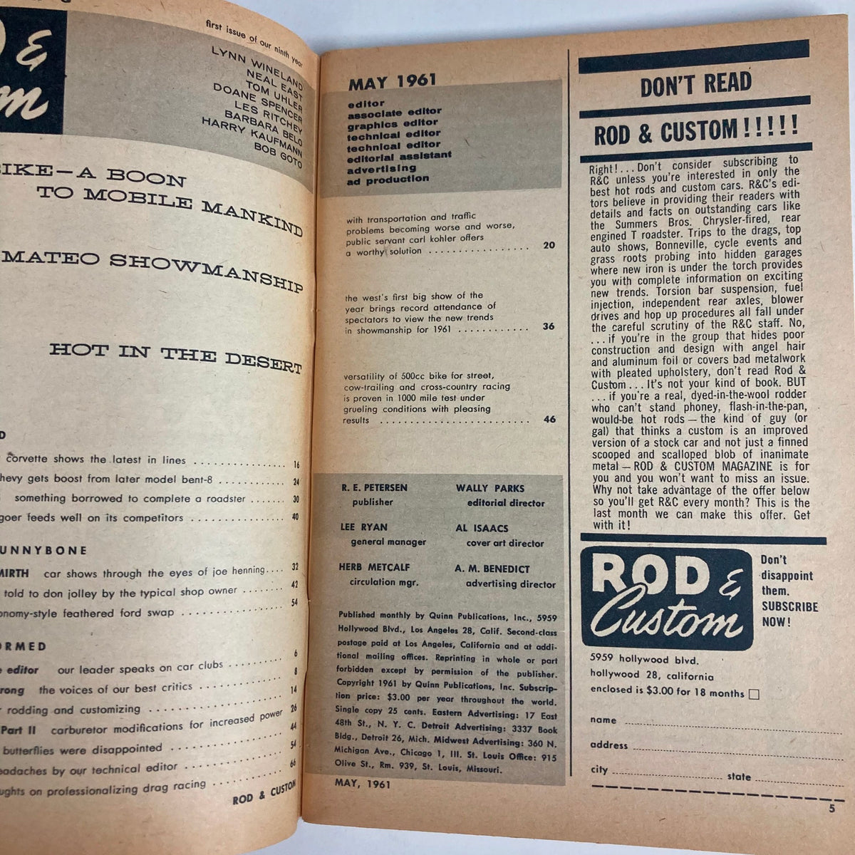 Inside page of VTG Rod & Custom Magazine May 1961 featuring editorial staff credits, articles preview, and vintage layout.