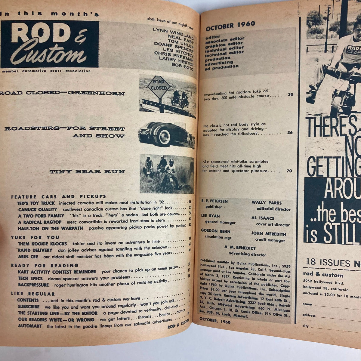 Interior page of VTG Rod & Custom Magazine October 1960 showcasing feature articles, roadster details, and editorial credits.