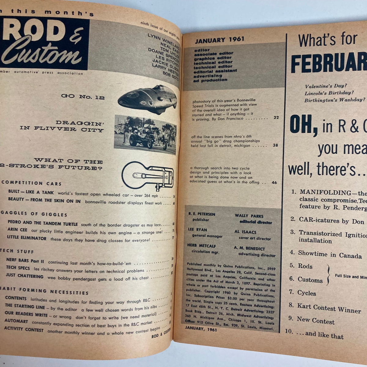 Interior page of VTG Rod & Custom Magazine January 1961, discussing automotive topics such as 'Pedro and The Tandem Turtle' and the future of 2-stroke engines, along with content highlights and editorial details.