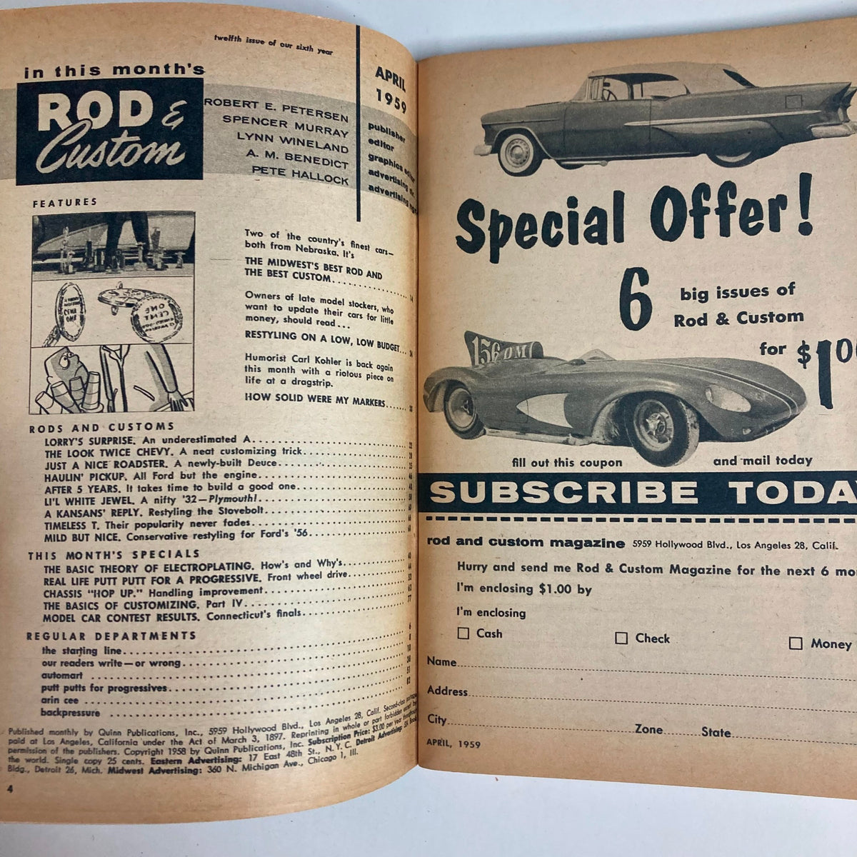 Inside page of VTG Rod & Custom Magazine April 1959 displaying features and subscription offer, highlighting classic cars and hot-rod culture from the 1950s.