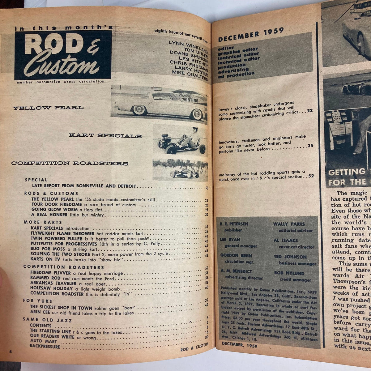 Inside page of VTG Rod & Custom Magazine December 1959 featuring contents and features, including articles on classic cars and custom designs.