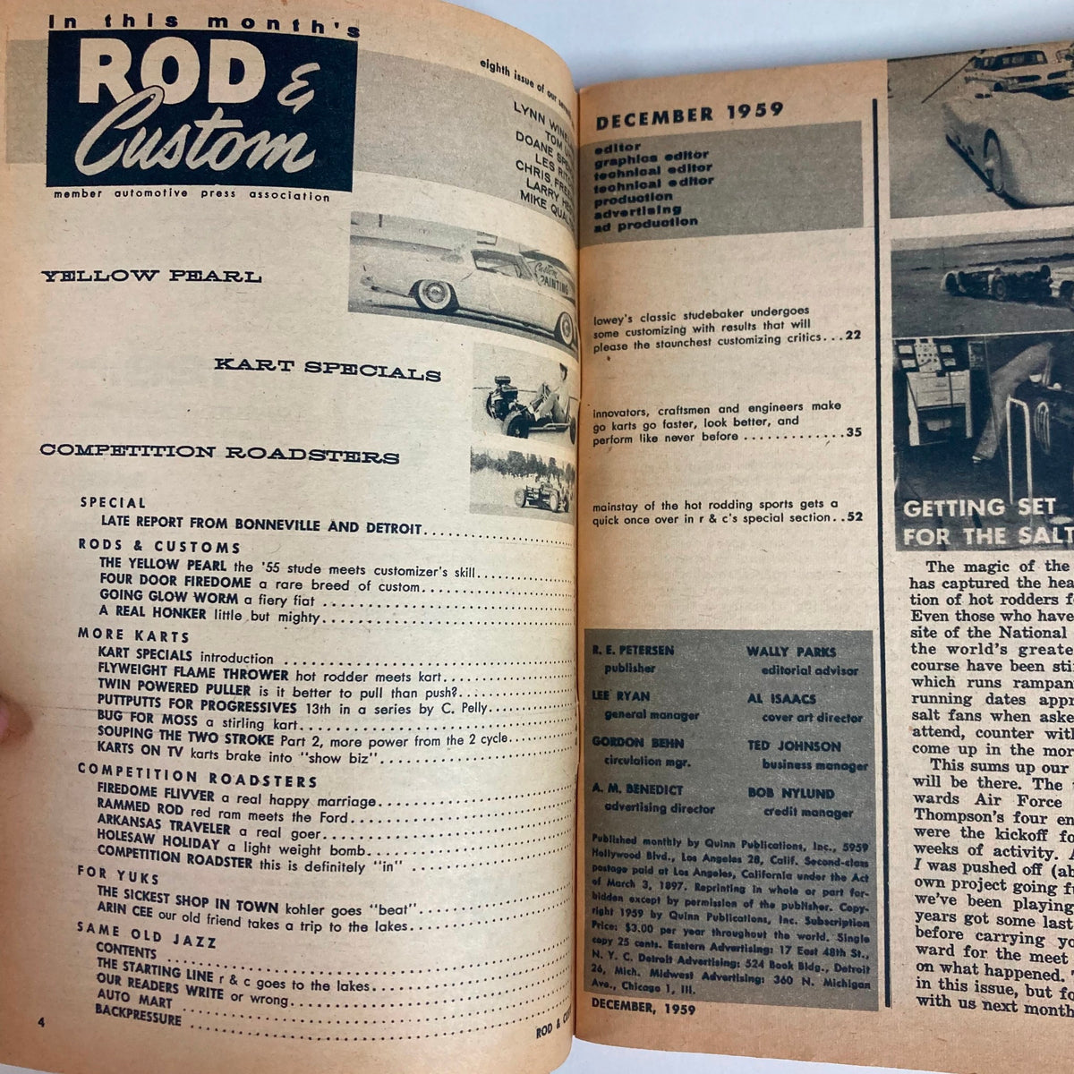 Inside page of VTG Rod & Custom Magazine December 1959 displaying content overview including articles on yellow custom cars and kart specials.