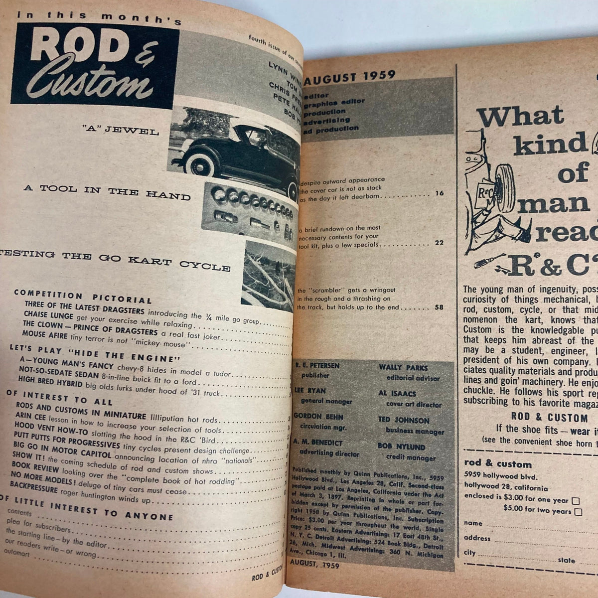 Inside page of Rod & Custom Magazine from August 1959 showcasing content including a pictorial of dragsters and various automotive articles.