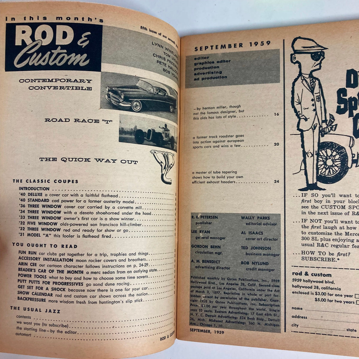 Inside page of VTG Rod & Custom Magazine September 1959 showcasing contents, including articles on classic coupes, car customization topics, and a vintage automotive illustration.