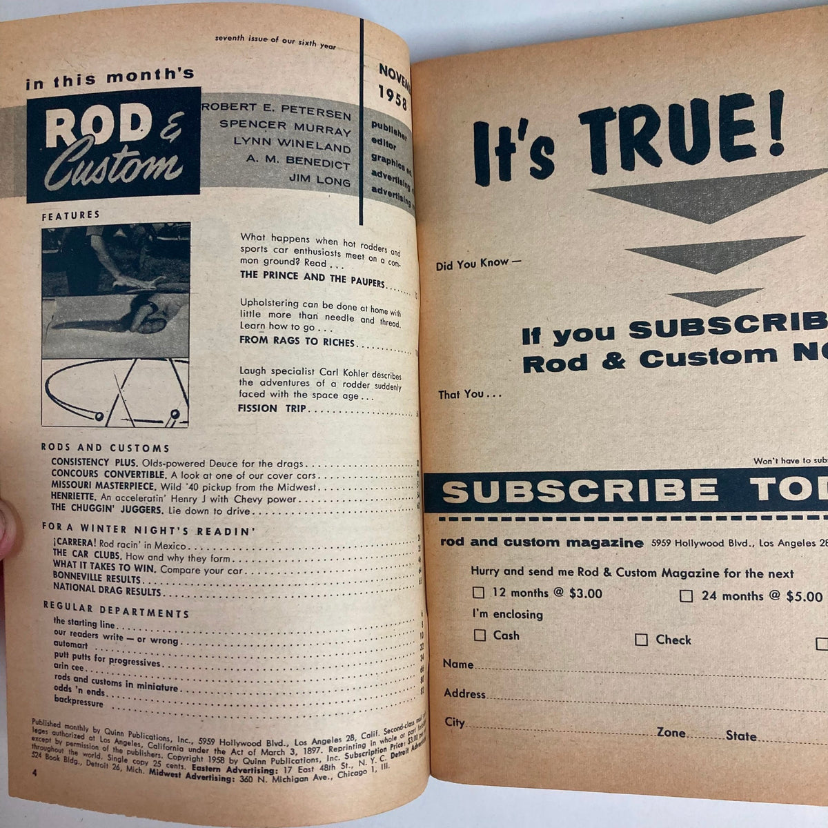 Interior page of VTG Rod & Custom Magazine November 1958 showcasing features and advertisements related to automotive culture, including subscription details.