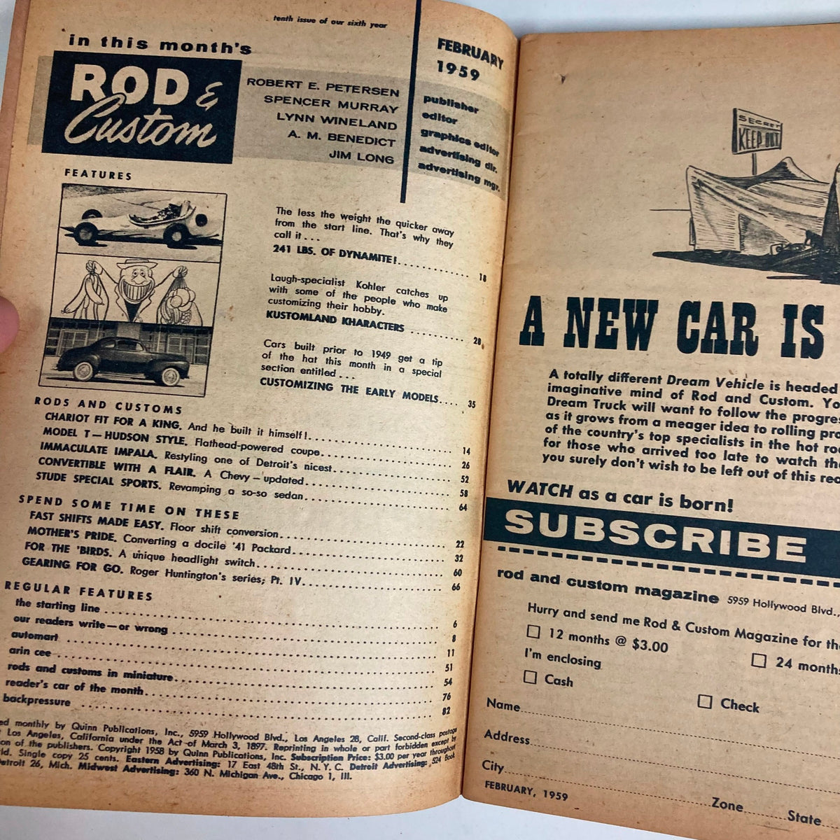 Inside of VTG Rod & Custom Magazine February 1959, displaying the table of contents and features including articles on customizing vehicles and automotive history.