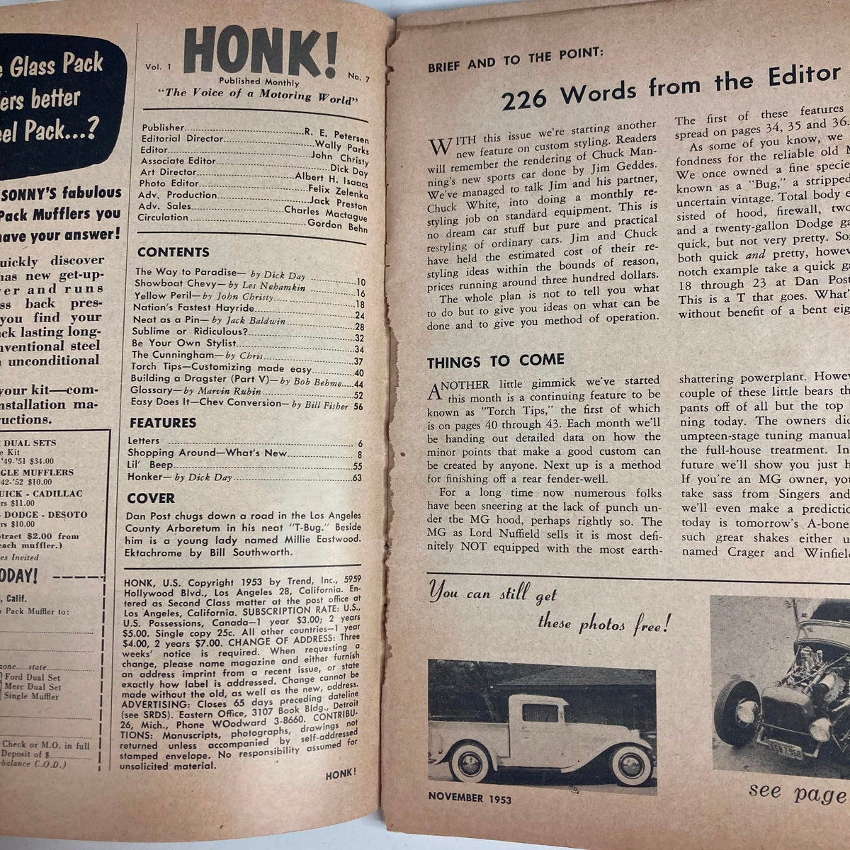 Interior page of VTG Honk! Magazine November 1953 showing contents and features, highlighting 226 words from the editor.