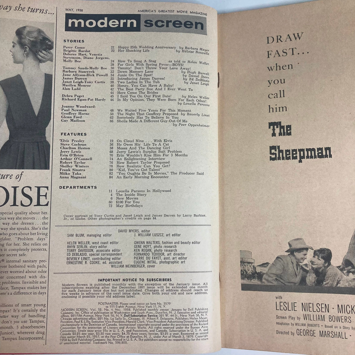 Interior page of VTG Modern Screen Magazine May 1958 featuring articles and stories about Hollywood stars, including a table of contents outlining features and departments, reflecting mid-century cinema culture.