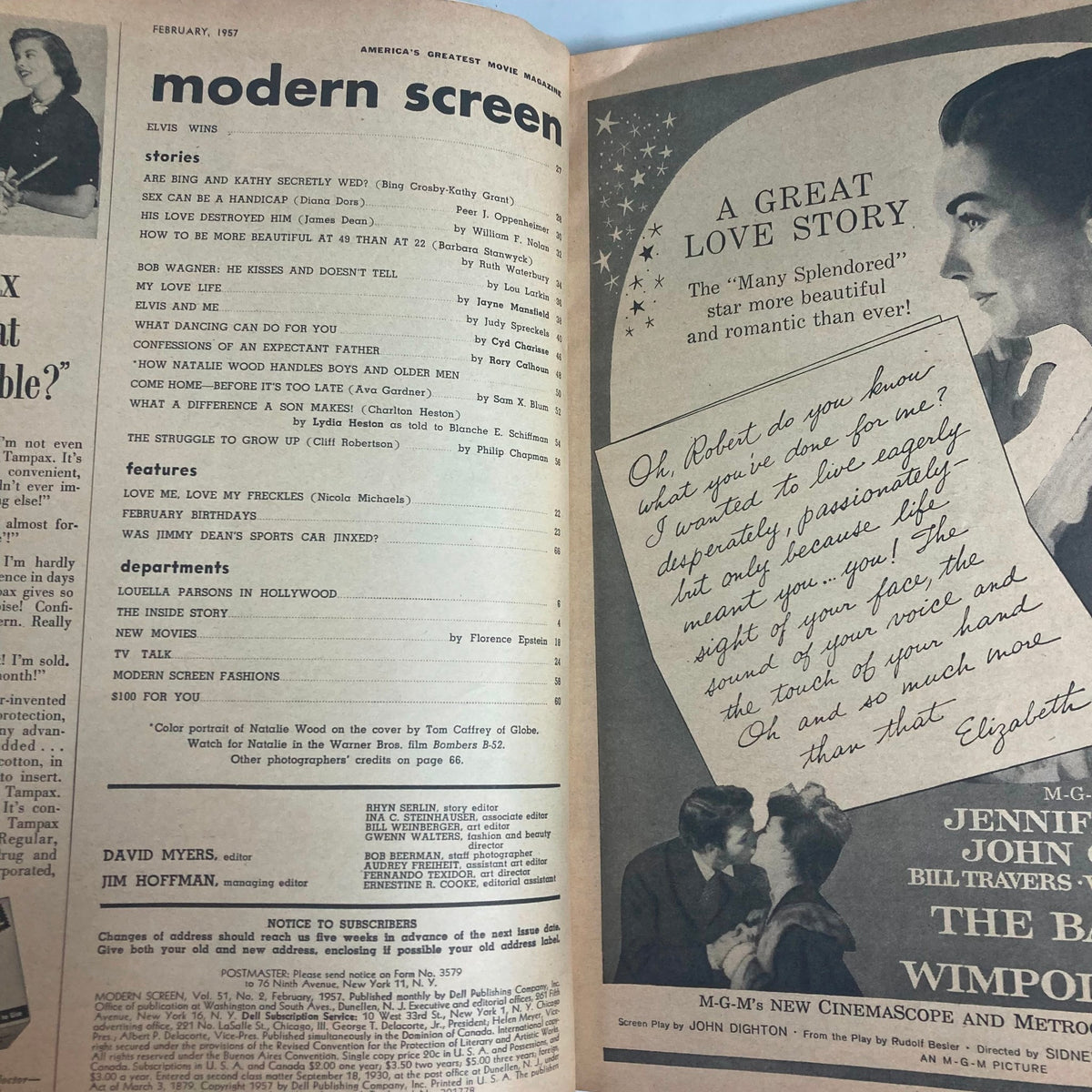 Interior page of VTG Modern Screen Magazine February 1957 featuring articles and advertisements, including a listing of stories and features for Volume 51, Issue #2 with a note regarding Natalie Wood.