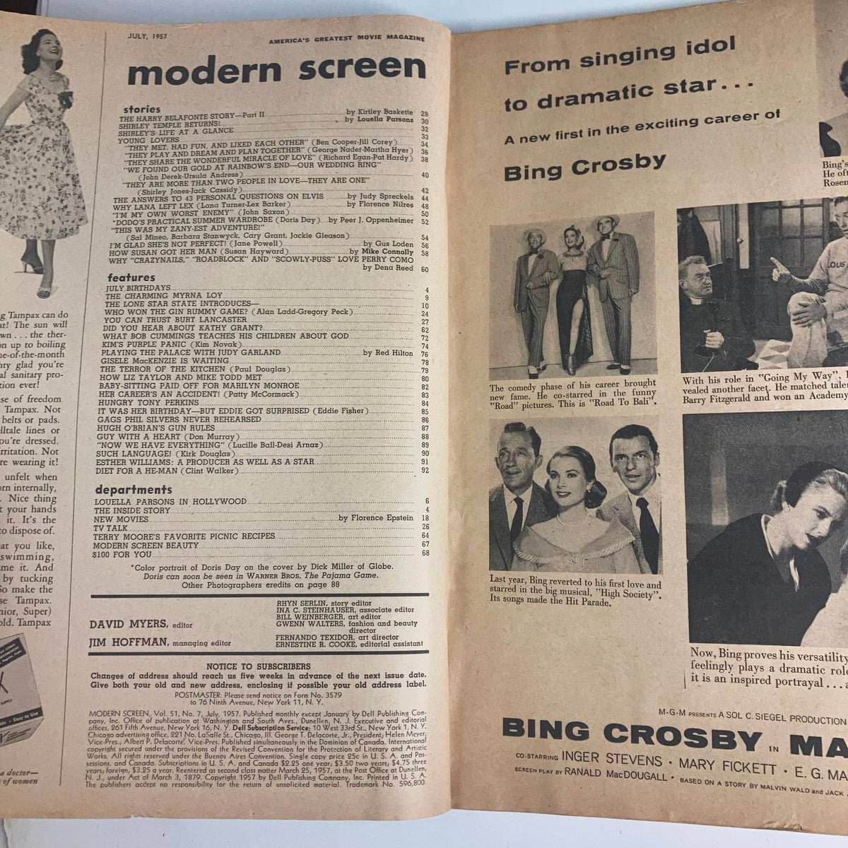 Inside page of VTG Modern Screen Magazine July 1957 including articles and features related to Hollywood stars like Bing Crosby and Doris Day.