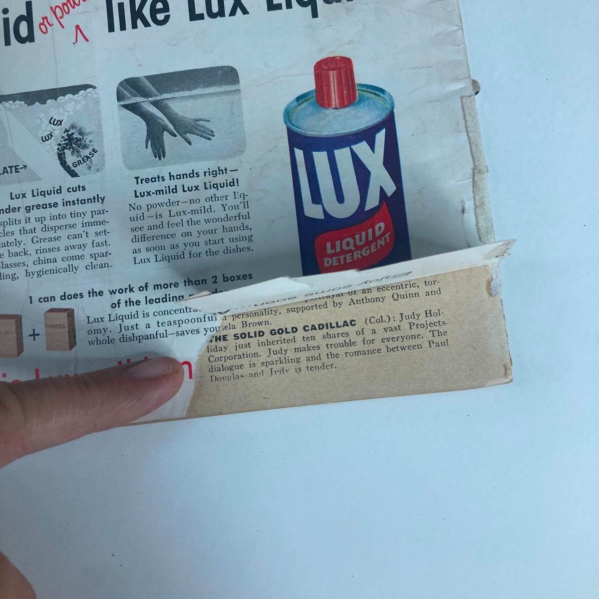 Advertising page from VTG Modern Screen Magazine January 1957 featuring Lux liquid detergent, highlighting 1950s advertising style.