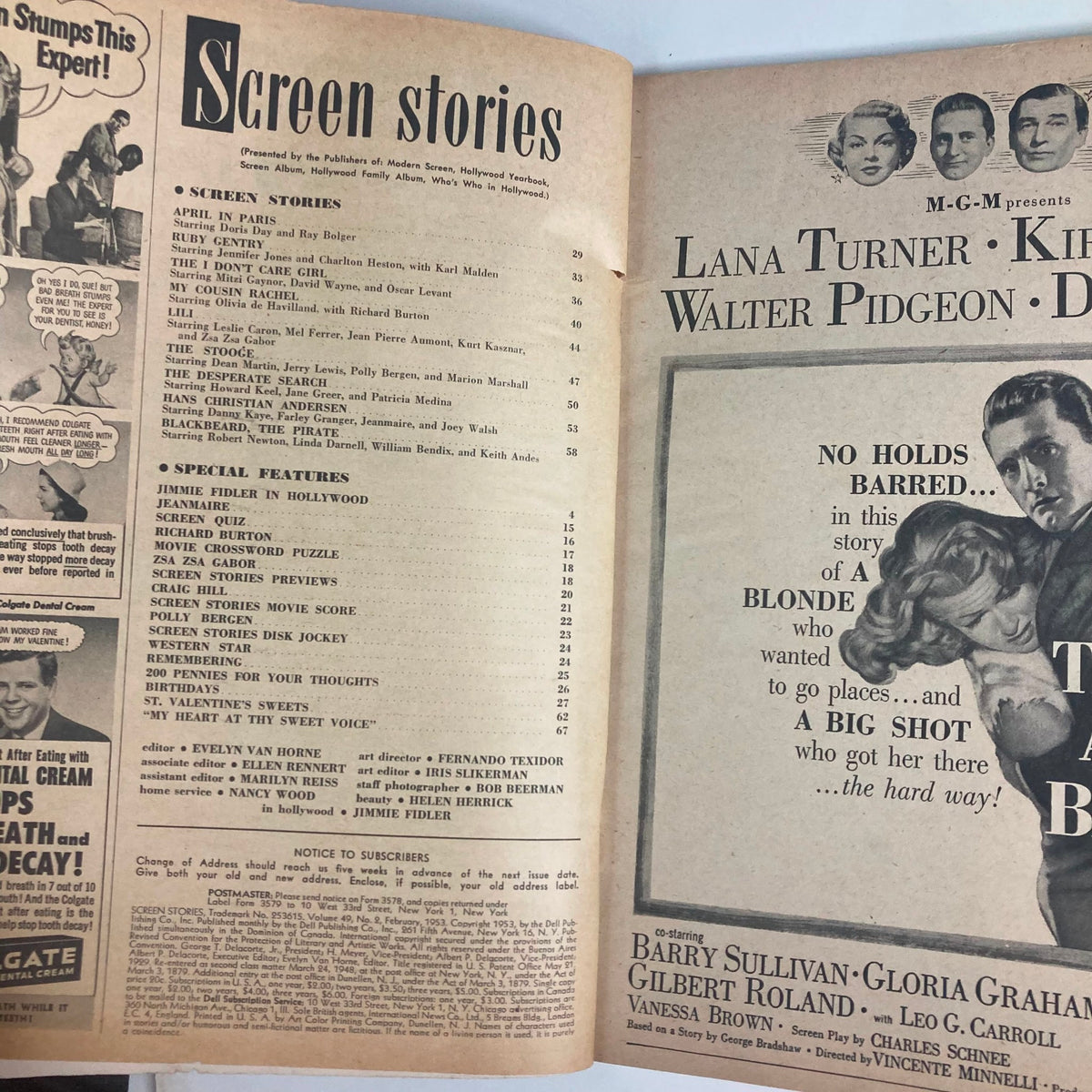 Inside pages of the Vintage Screen Stories Magazine February 1953 showcasing the table of contents and special features from the era, with notable names and stories from Hollywood.