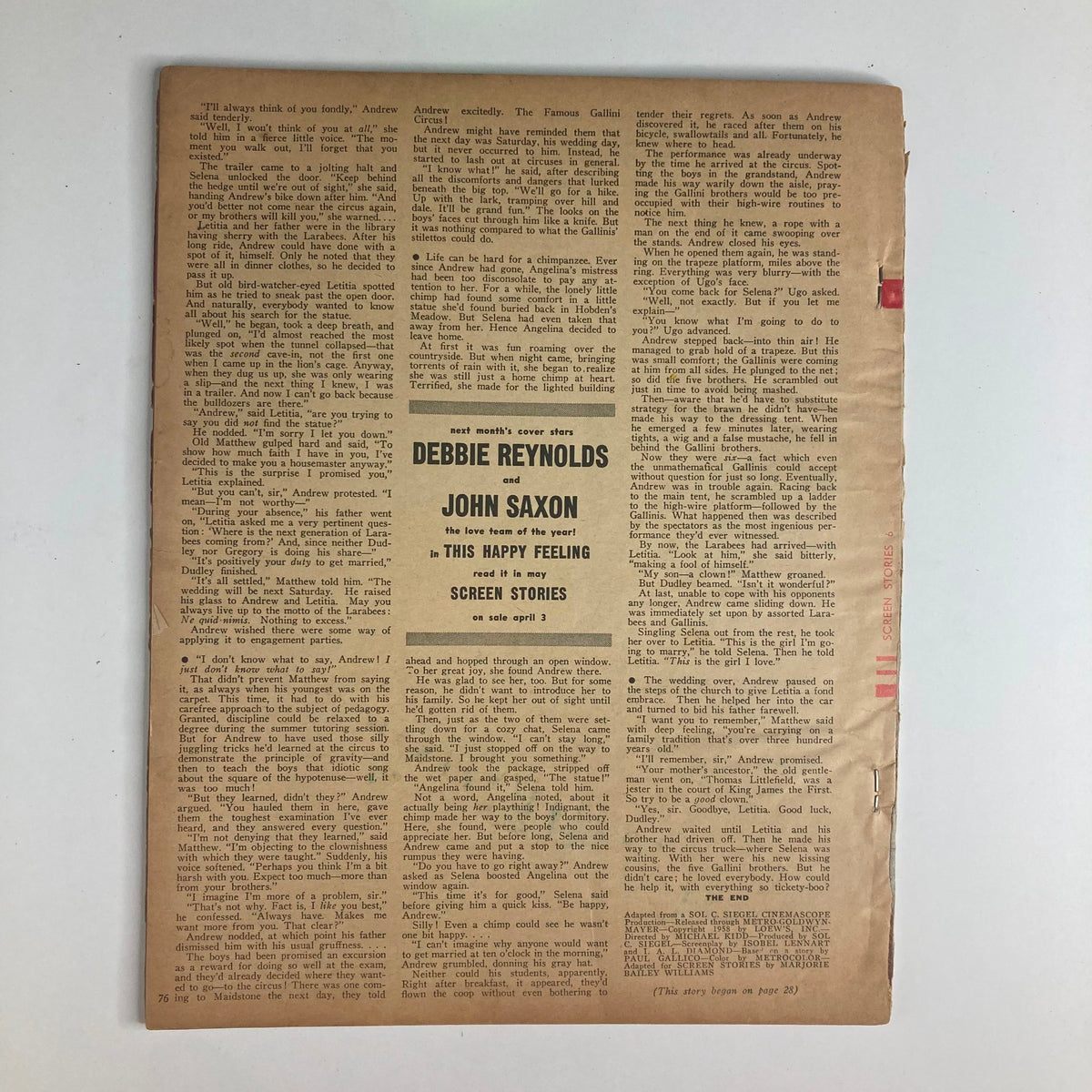 Back cover of VTG Screen Stories Magazine April 1958, featuring a promotional article for the upcoming issue with Debbie Reynolds and John Saxon.