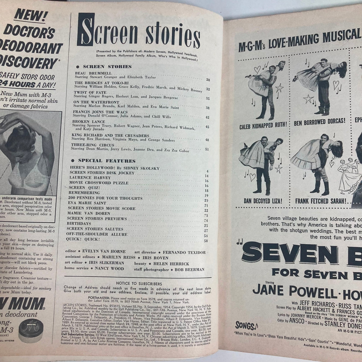 Inside pages of VTG Screen Stories Magazine September 1954, displaying contents including featured articles on Elizabeth Taylor and other film stars.