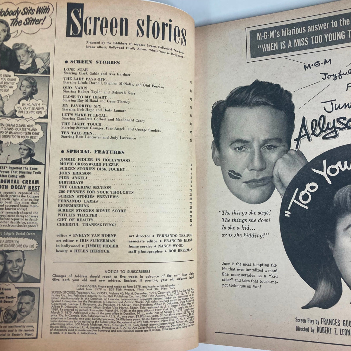 Inside page of Vintage Screen Stories Magazine December 1951, Volume 46, No. 6 displaying the table of contents and listings of articles and features related to classic Hollywood films.