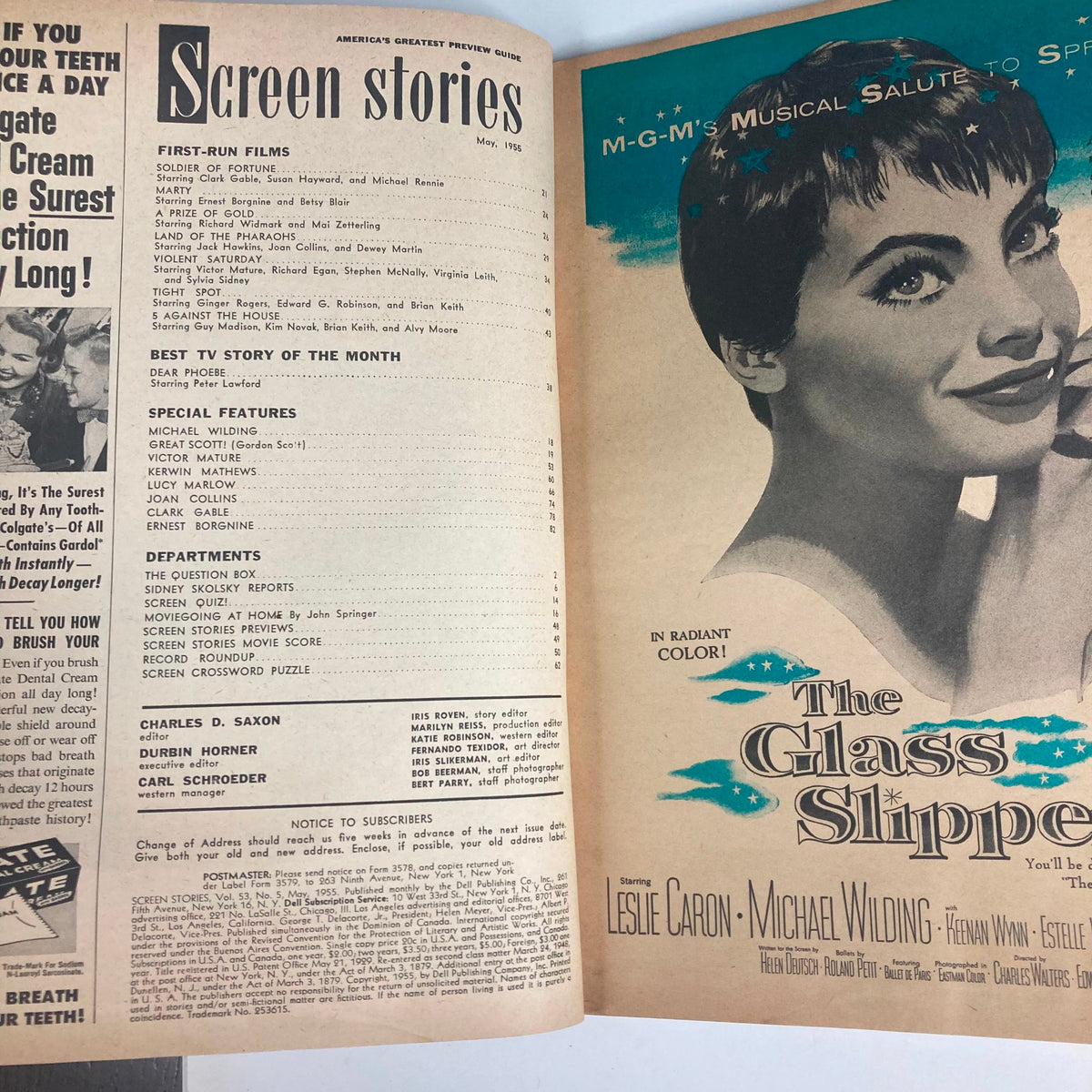 Inside page of VTG Screen Stories Magazine May 1955, featuring film previews, special features, and cast information for movies like 'The Glass Slipper' and 'Soldier of Fortune'.
