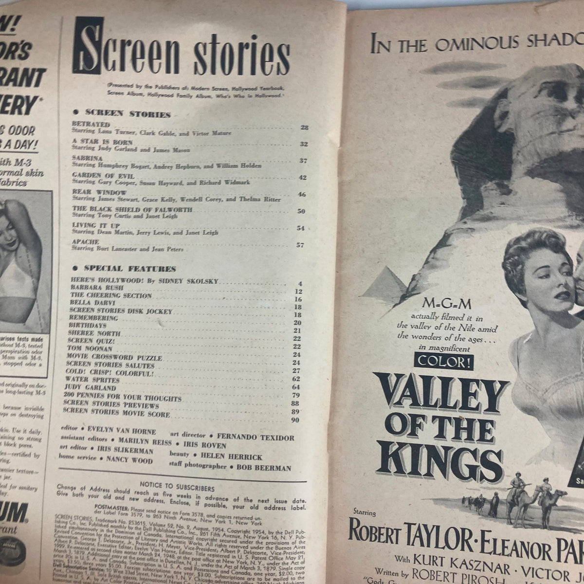 Inside view of VTG Screen Stories Magazine August 1954 Vol 52 No. 2, displaying the table of contents and special features, highlighting classic film stories and articles.