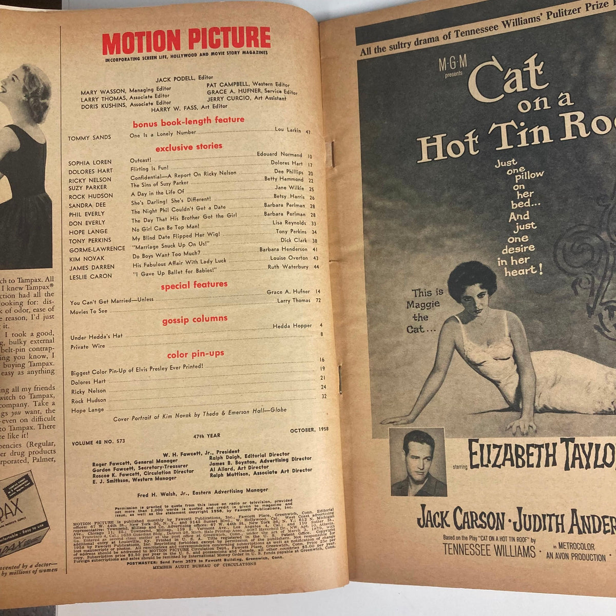 Inside page of the VTG Motion Picture Magazine October 1958, displaying the table of contents with articles, features, and the magazine's editorial staff, reflecting the vintage cinema era.