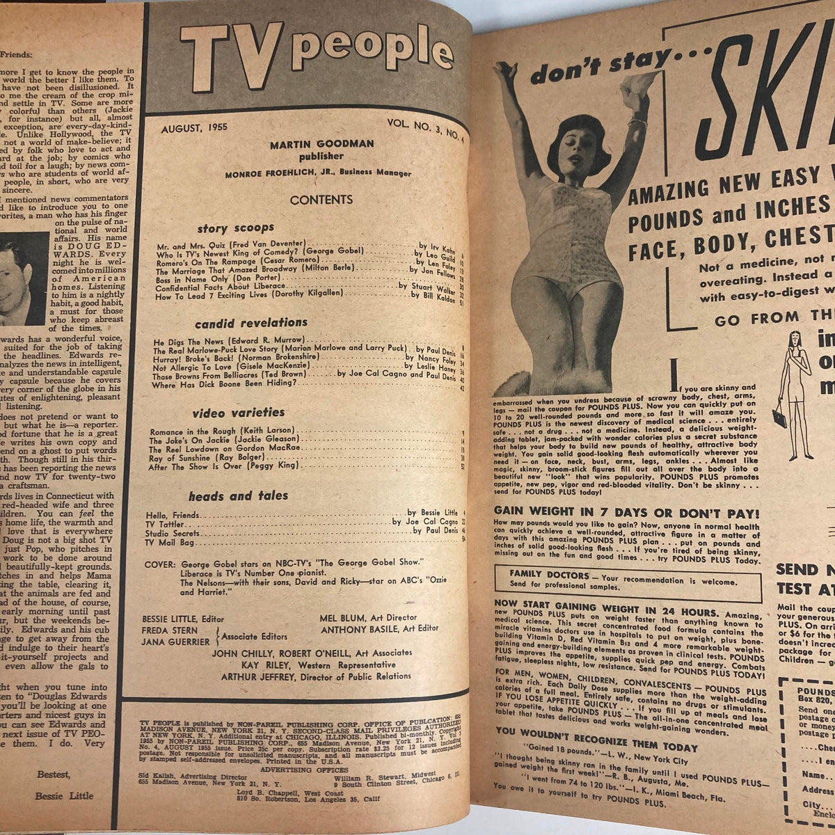 Inside page of VTG TV People Magazine August 1955, showing the table of contents and advertisements reflective of mid-20th century media.