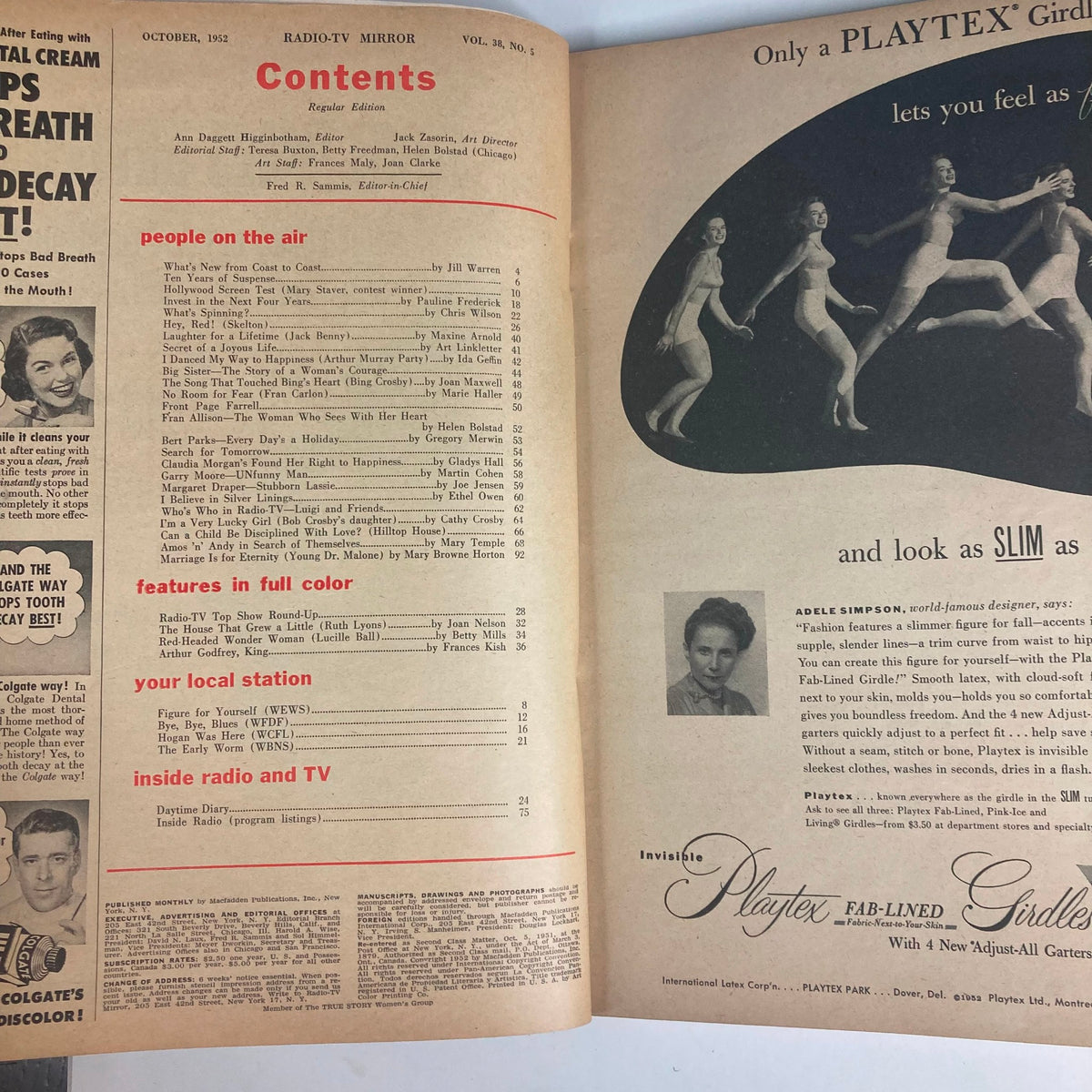 VTG Radio-TV Mirror Magazine October 1952 Contents page from Volume 38, Number 5, listing articles and features about television personalities and shows.