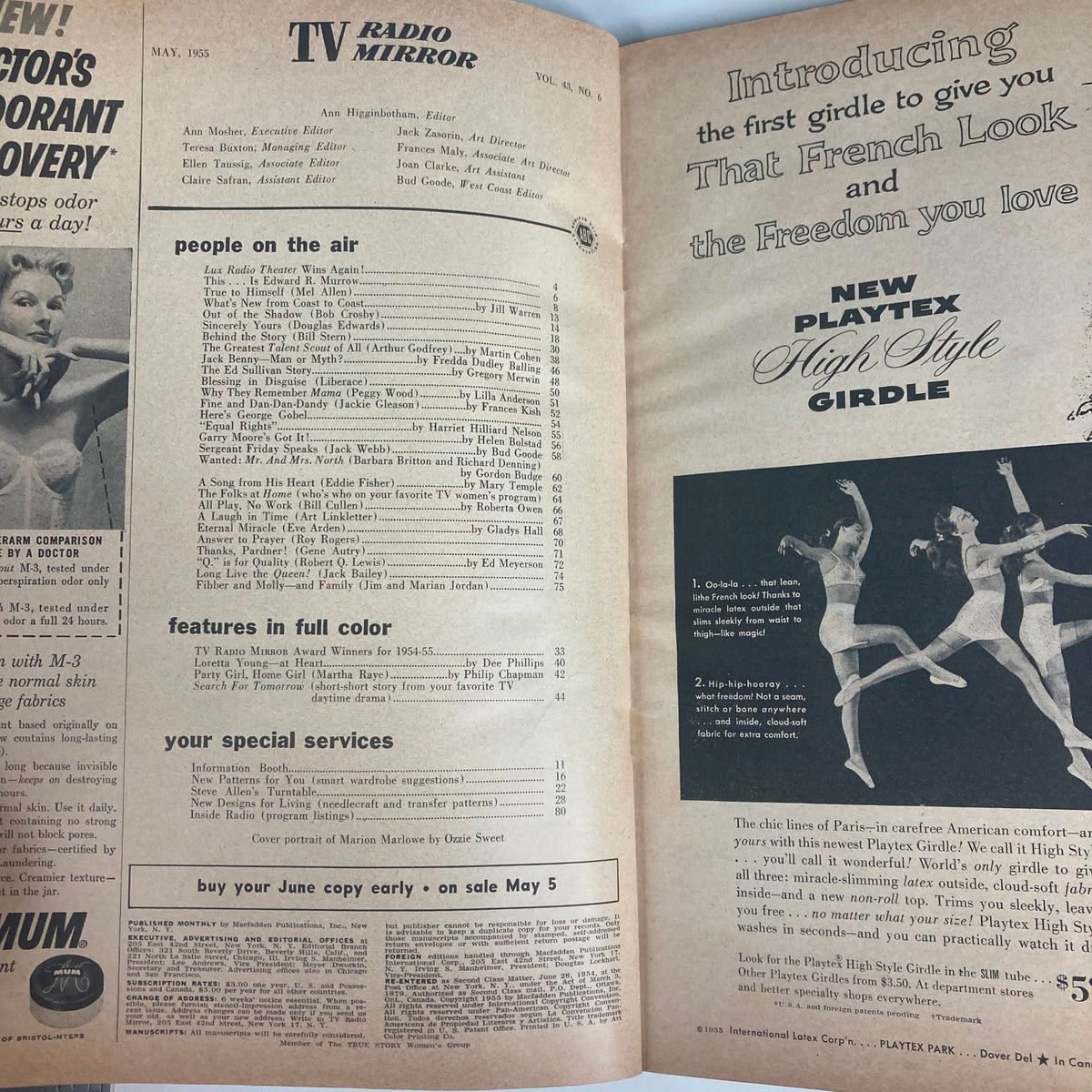Inside page of VTG TV Radio Mirror Magazine May 1955 Volume 43 No. 6 featuring a contents list and product advertisements, showcasing the magazine's vintage appeal and mid-century design.