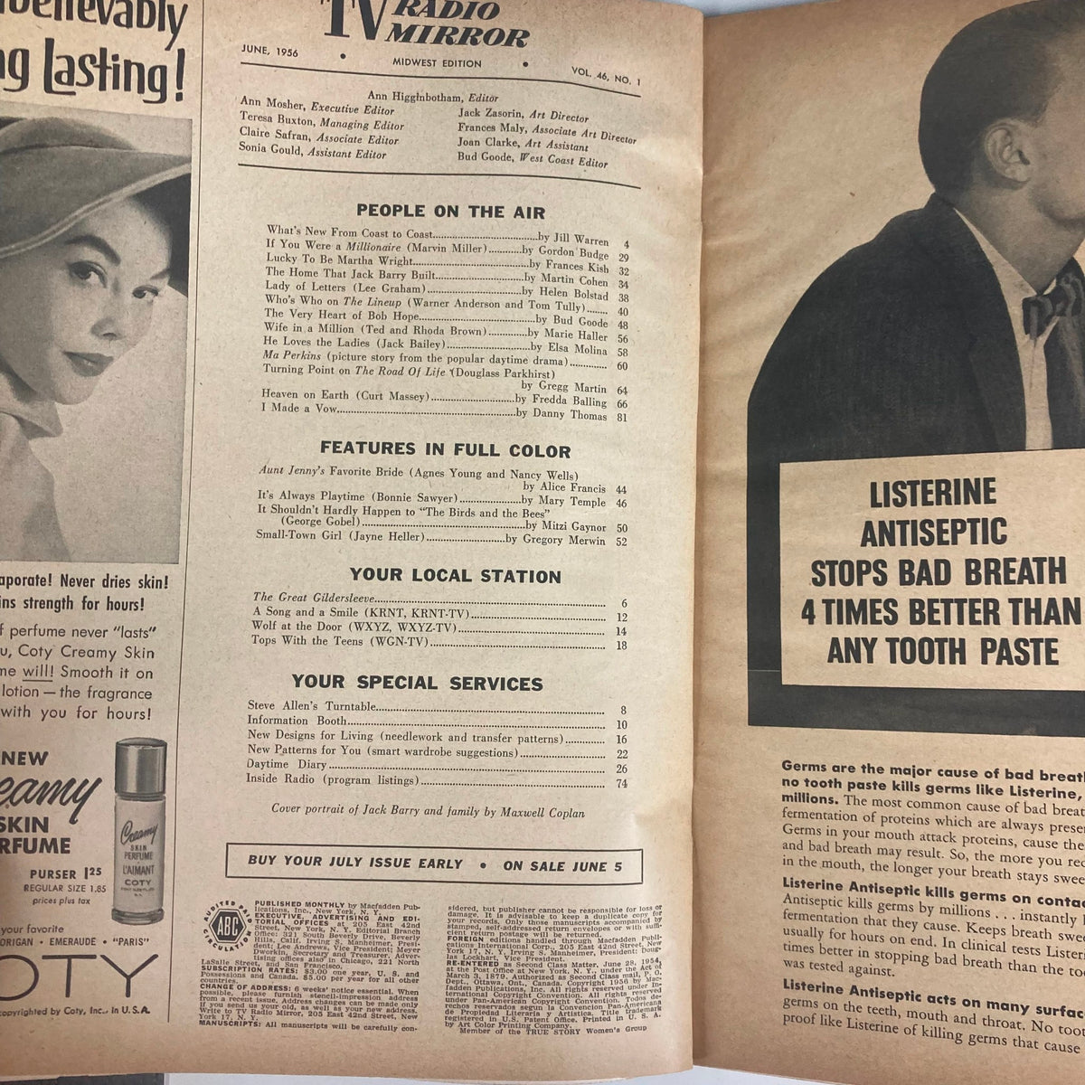 Interior page of VTG TV Radio Mirror Magazine June 1956, displaying the table of contents and features including popular shows and personalities of the era. This issue reflects the golden age of television.