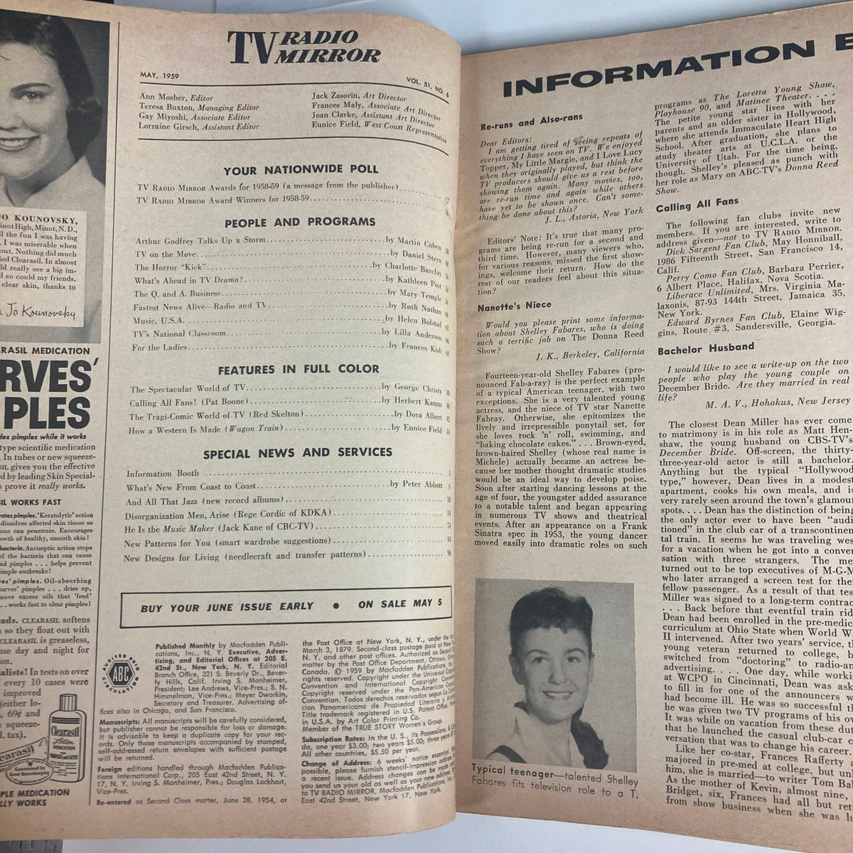 Inside page of VTG TV Radio Mirror Magazine May 1959 showcasing articles and features with names like Arthur Godfrey and Pat Boone, including content about television programs.