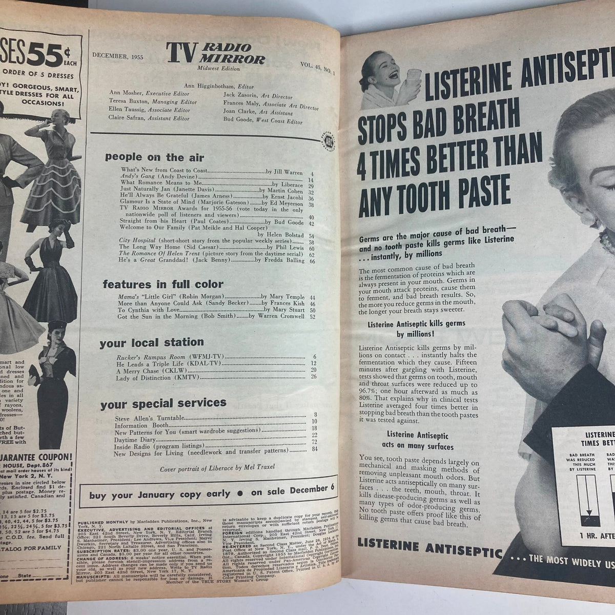 Inside pages of VTG TV Radio Mirror Magazine December 1955, displaying the table of contents and an advertisement for Listerine Antiseptic.