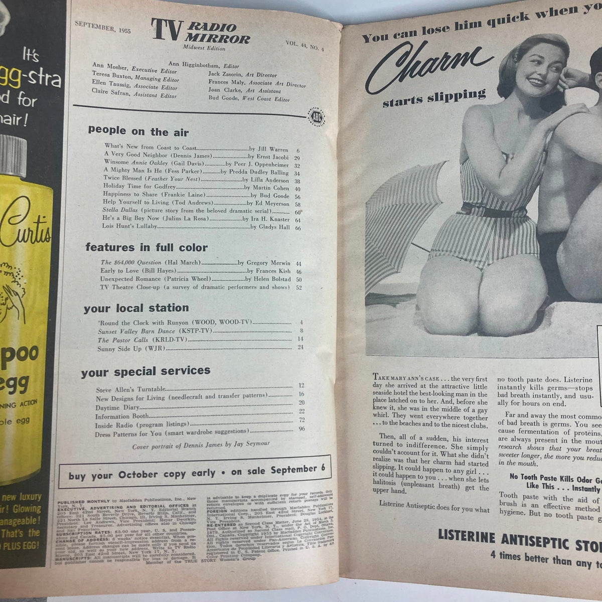 Inside page of VTG TV Radio Mirror Magazine from September 1955, Vol 44 #4 featuring listings, articles, and advertisements, spotlighting Dennis James with a charming vintage aesthetic.