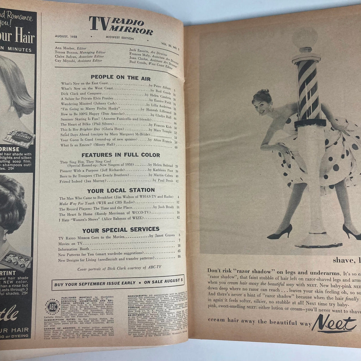 Interior page of VTG TV Radio Mirror Magazine August 1958 Vol 50 #3, highlighting articles and advertisements along with a vintage photograph, capturing the essence of mid-century entertainment culture.