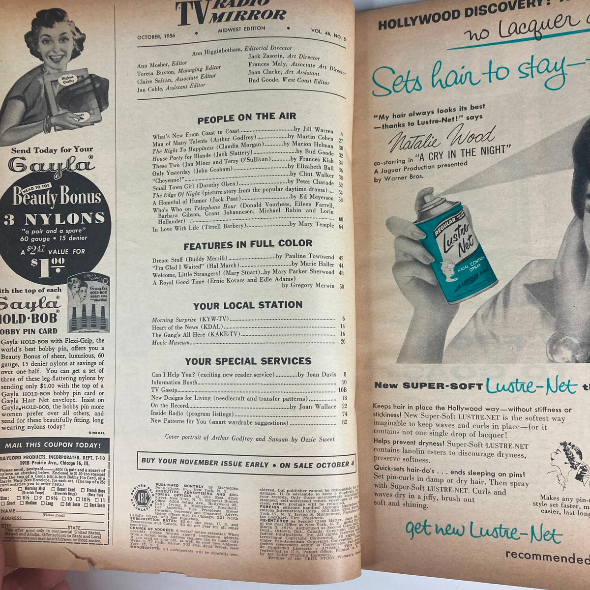 Page from VTG TV Radio Mirror Magazine October 1956 Vol 46 #5 showing articles and features, with a focus on television and radio personalities, including details about broadcasts and advertising.