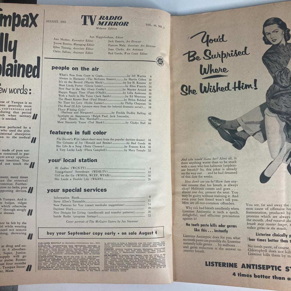 Inside page of VTG TV Radio Mirror Magazine August 1955, Vol 44 #3 highlighting program listings and features of the magazine.