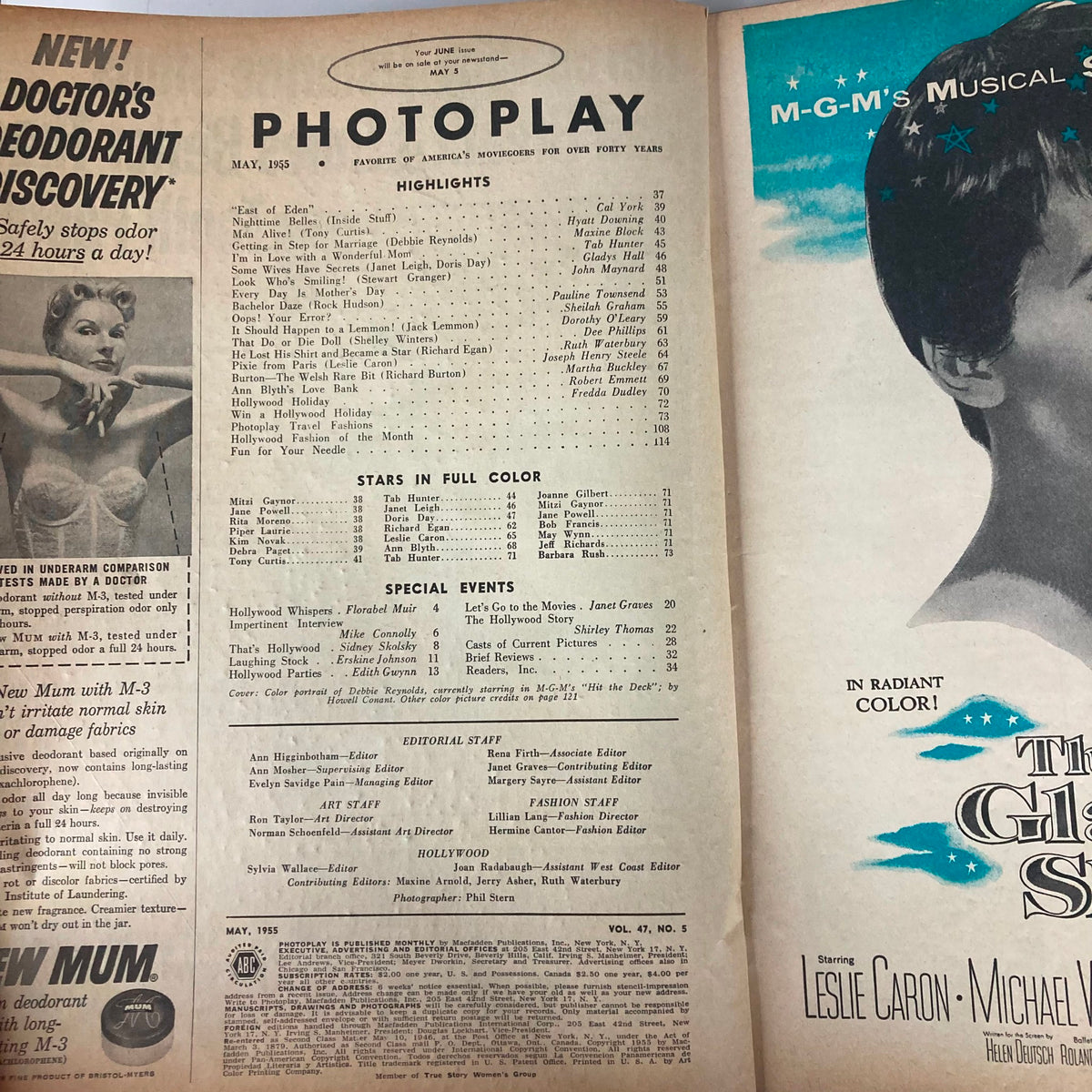 Interior page of VTG Photoplay Magazine from May 1955, showcasing highlights and features including stars and events of the golden age of Hollywood, Vol 47, Issue #5.