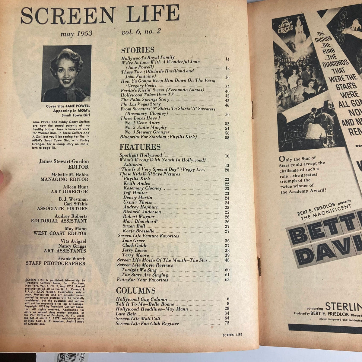 Interior page from VTG Screen Life Magazine May 1953, Volume 6, Issue 2, displaying the contents and stories featuring Jane Powell.