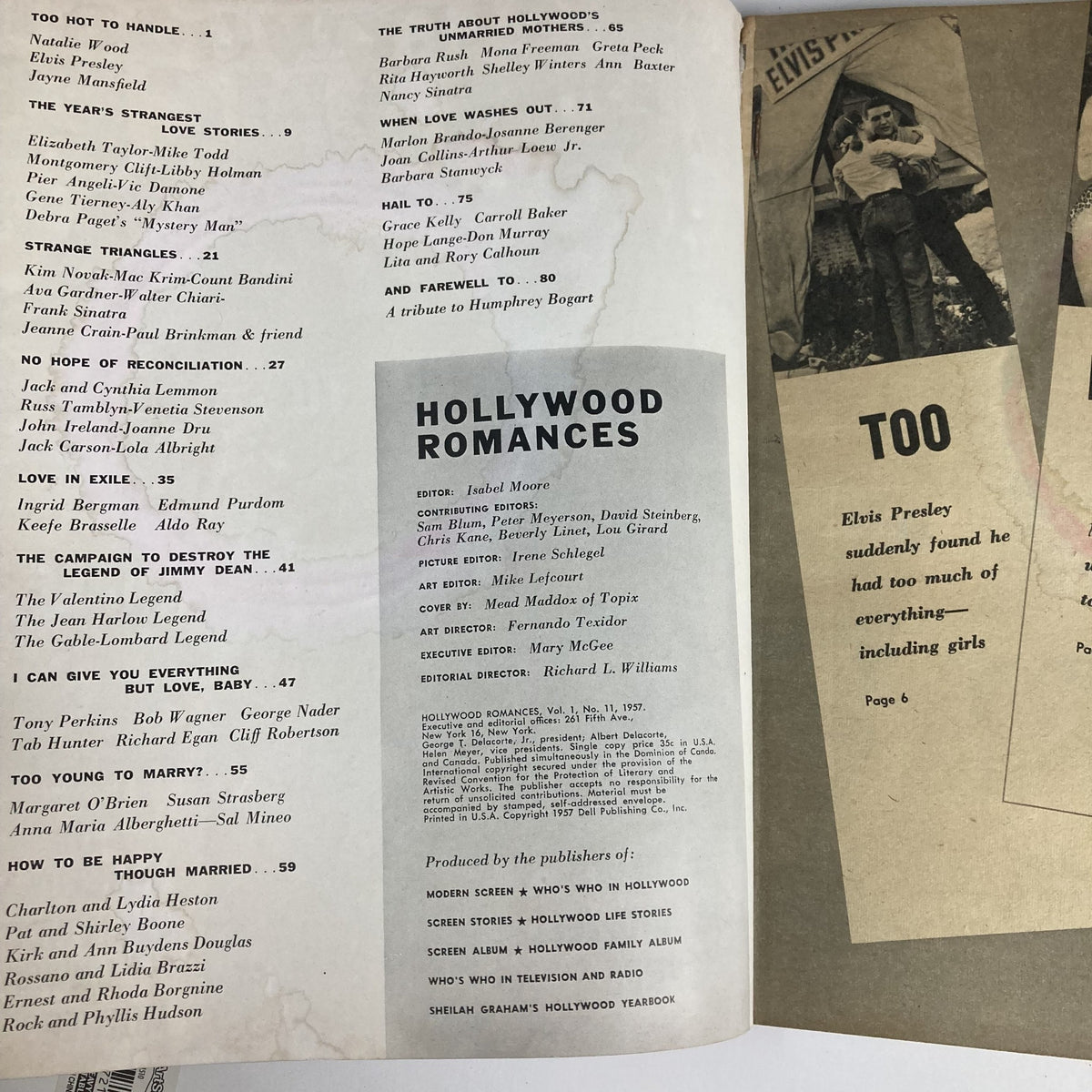 Inside page of VTG Hollywood Romances Magazine 1957 #11, listing articles and features about love stories and Hollywood icons, providing insight into the magazine's content.