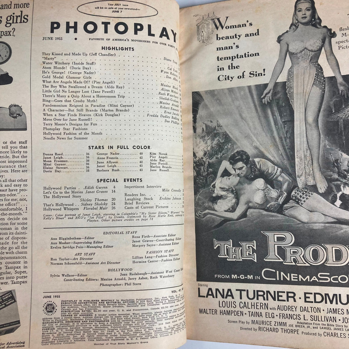 Inside page of VTG Photoplay Magazine June 1955, displaying table of contents and highlights of classic movie stars, showcasing the nostalgia of 1950s cinema culture.