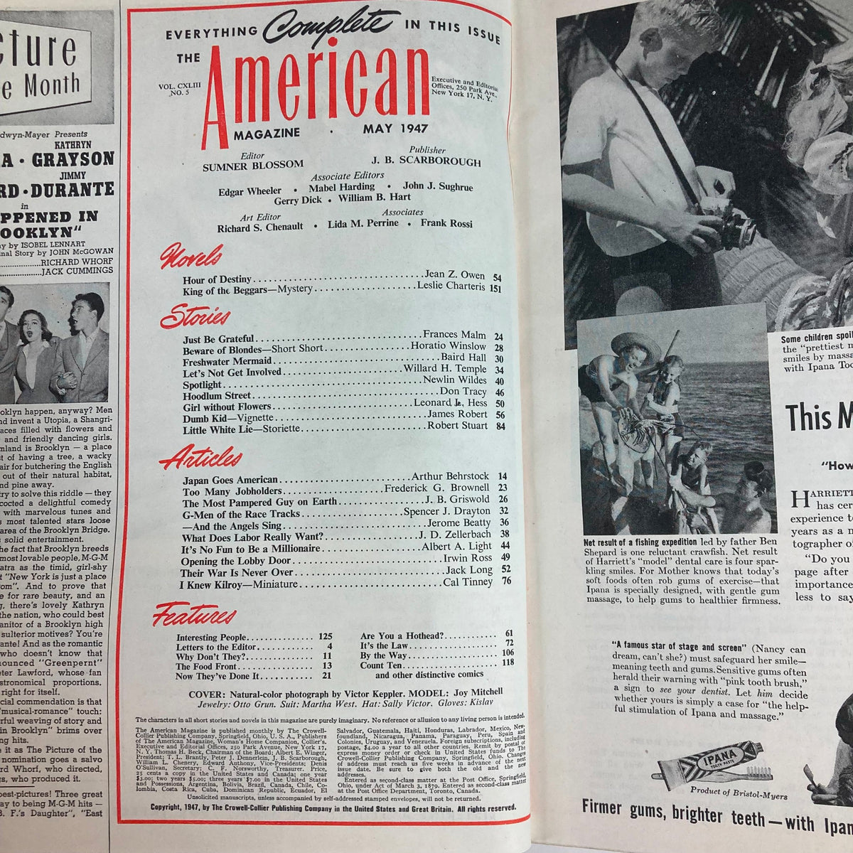 Interior page of The American Magazine May 1947 displaying the table of contents, featuring articles and stories, emphasizing its rich mid-20th century content.