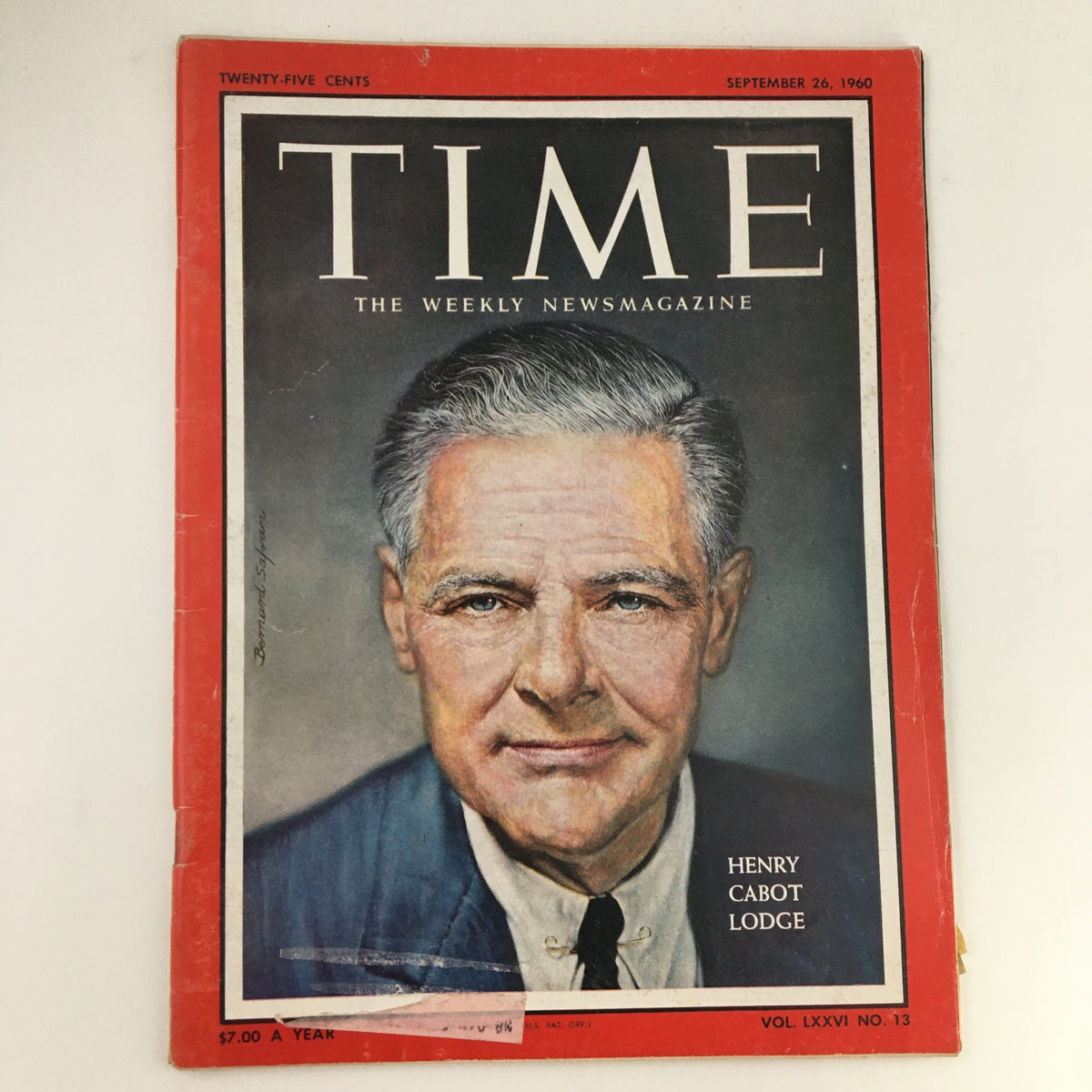 Cover of Time Magazine from September 26, 1960, Volume 76, Number 13, featuring a portrait of Senator Henry Cabot Lodge Jr. The magazine captures the political landscape of the 1960s.