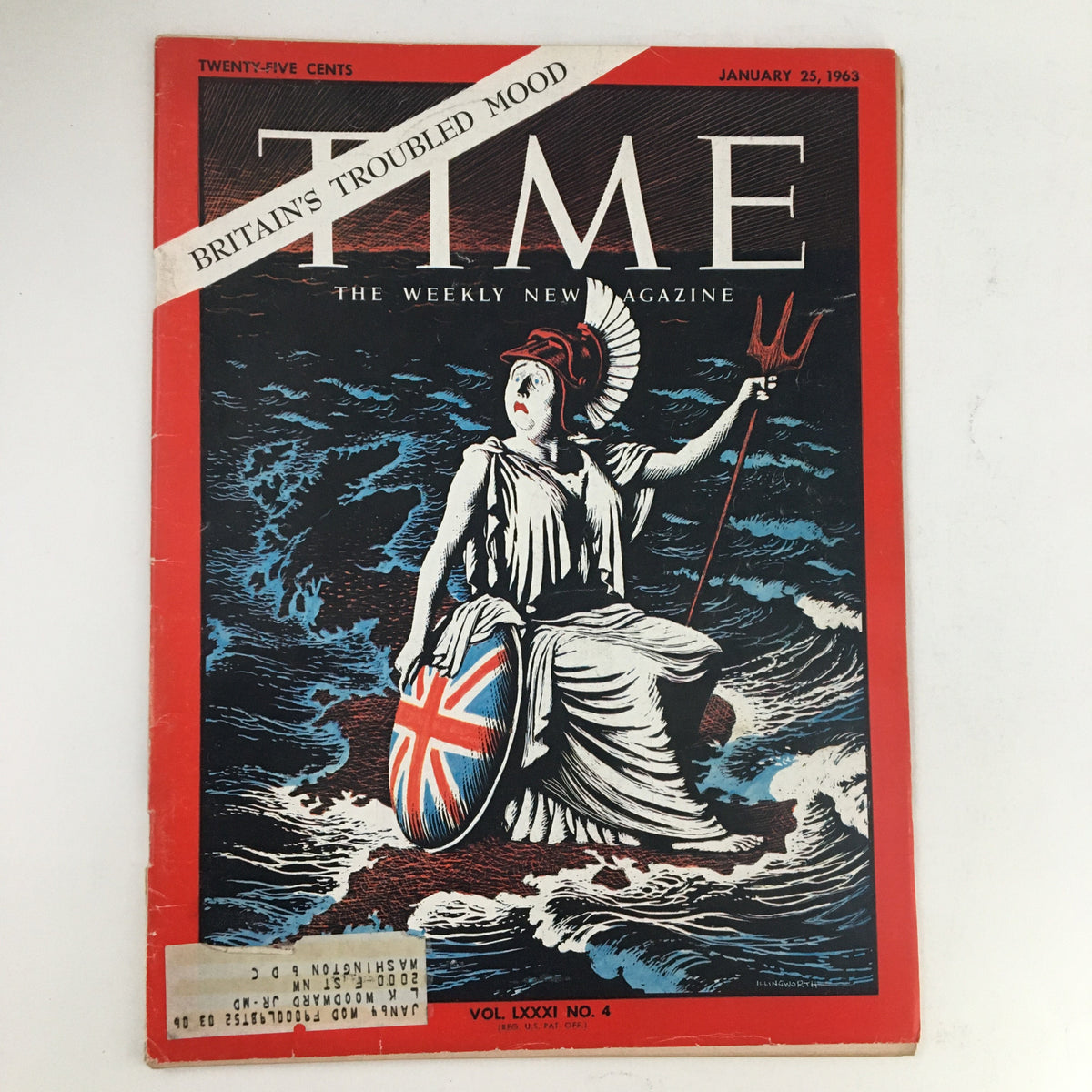 Time Magazine cover from January 25, 1963, Vol. 81 No. 4, featuring the theme 'Britain's Troubled Mood', showcasing a historical illustration of a figure representing Britain amidst turbulent seas with a Union Jack shield.